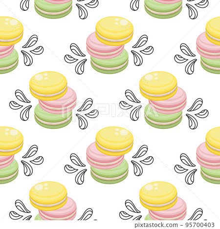Seamless pattern, French macarons and contour doodles. Cafe and pastry shop design, background, vector Seamless pattern, French macarons and contour doodles. Cafe and pastry shop design, background, vector 95700403