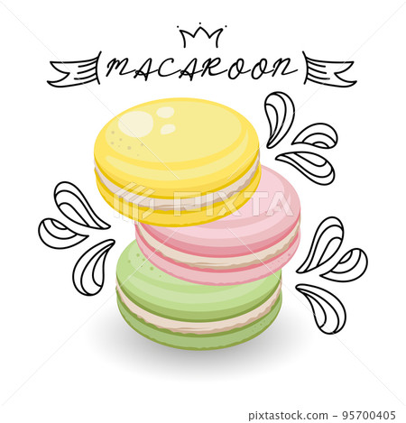 French macarons decorated with contour doodles. Pastel colors. Cafe and pastry shop design, poster, vector French macarons decorated with contour doodles. Pastel colors. Cafe and pastry shop design, poster, vector 95700405