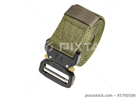 Green mens nylon fastening belt isolated on white background. Green mens nylon fastening belt isolated on white background. 95700586