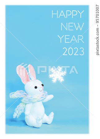 New Year's card with stuffed rabbit wrapped in a muffler and snowflakes (vertical) New Year's card with stuffed rabbit wrapped in a muffler and snowflakes (vertical) 95701007