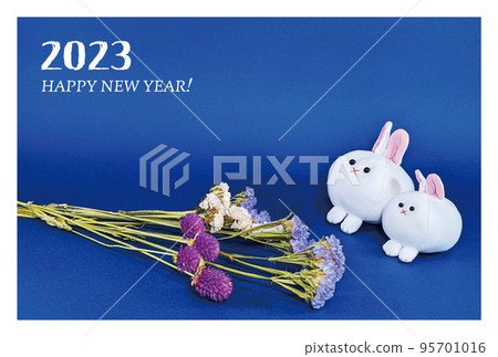 New Year's card with dried flowers and two good friends rabbits 95701016