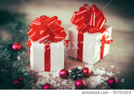 Christmas card. colorful boxes with gifts on Christmas backgrou 95701859