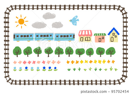 簡單鐵軌的框架插圖，火車、植物、建築物等的背景插圖材料集。 95702454
