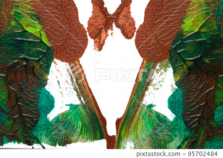 green yellow and brown abstract acrylic painting color texture on white paper background by using rorschach inkblot method 95702484