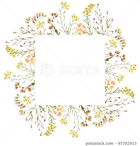 frame with delicate wild flowers watercolor illustration, hand painted.	 95702913