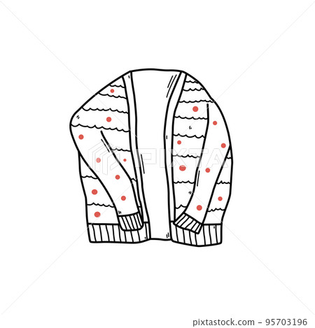 Hand drawn cardigan doodle style, vector illustration isolated on white background. Warm clothes, black outline design element, ornament with colorful dots 95703196