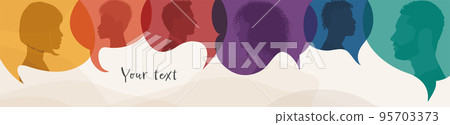 Poster template Silhouette heads men and women in profile inside speech bubble.Talking dialogue and inform.Communicate between a group of multicultural people.Diversity people.Copy space 95703373