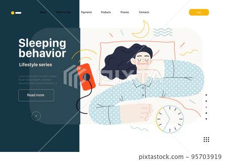 Lifestyle web template -Sleeping behaviour -modern flat vector illustration of woman sleeping in her bed showing the benefits of good sleeping habit, eight hours normal sleep People activities concept 95703919