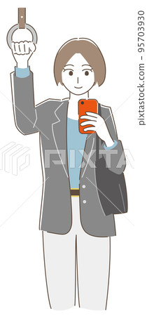 一個穿西裝的女人在火車上使用智能手機 95703930