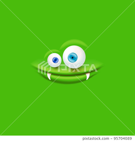 Vector funny green monster face with open mouth with fangs and eyes isolated on green background. Halloween cute and funky monster design template for poster, banner and tee print Vector funny green monster face with open mouth with fangs and eyes isolated on green background. Halloween cute and funky monster design template for poster, banner and tee print 95704089