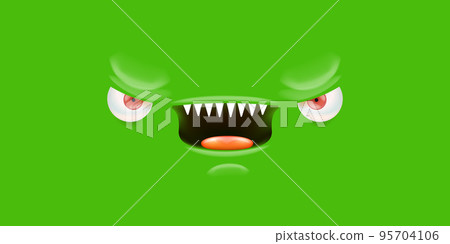 Vector angry green monster face with open mouth with fangs and evil eyes isolated on green horizontal background. Halloween cute and angry monster design template for poster, banner and tee print Vector angry green monster face with open mouth with fangs and evil eyes isolated on green horizontal background. Halloween cute and angry monster design template for poster, banner and tee print 95704106