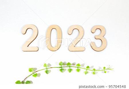 Text 2023 from wooden numbers on a white background with live leaves of a plant, with shadows. Postcard or calendar. Numeric symbol of the new year. 95704548