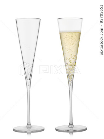 Champagne full and empty fine crystal elegant glasses on white. Champagne full and empty fine crystal elegant glasses on white. 95705653
