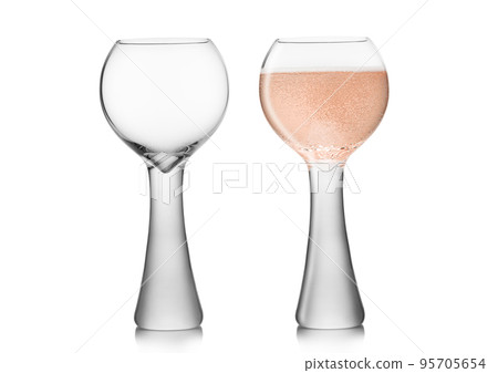 Pink rose balloon empty and full luxury champagne glasses on white. Pink rose balloon empty and full luxury champagne glasses on white. 95705654
