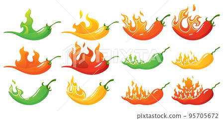 Spicy level. Hot chili pepper icons set with flame and color rating of mild, medium hot and extra hot. Level of pepper sauce or snack food Spicy level. Hot chili pepper icons set with flame and color rating of mild, medium hot and extra hot. Level of pepper sauce or snack food 95705672