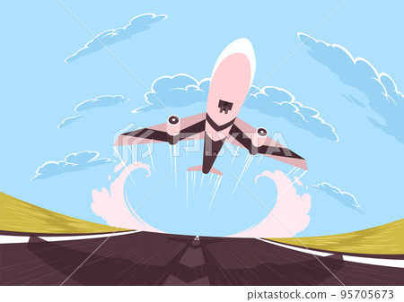 Plane takes off or landing on runway. Modern passenger air transport on sky background. Travel transportation aviation concept in cartoon flat style Plane takes off or landing on runway. Modern passenger air transport on sky background. Travel transportation aviation concept in cartoon flat style 95705673