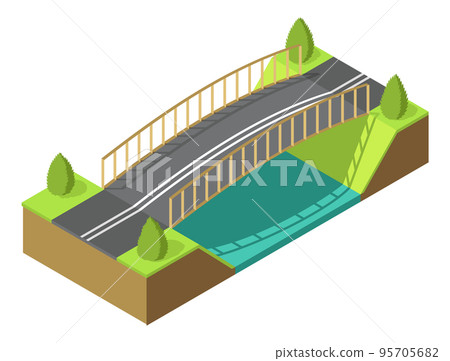 Bridge isometric. 3d isolated drawing element of modern urban infrastructure for games or applications. Bridge across the river with grass and tree, isometric icon. Element infographic 95705682