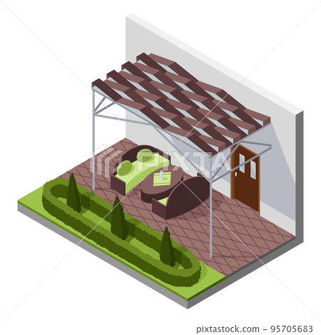Inner courtyard isometric composition with patio. House with private terrace with covering from above. Covered veranda for table place. Modern architecture 95705683
