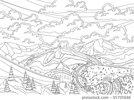 Great chinese wall landscape with watchtowers and wall sections on background of hills and mountains for travel or tourism in coloring style. Chinese prominent sight vector illustration 95705686