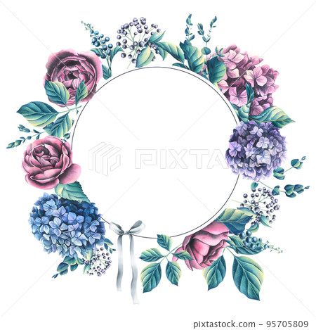 Hydrangea flowers, roses and decorative leaves, berries, eucalyptus twigs. Watercolor illustration. Round frame from the WEDDING FLOWERS collection. For invitations, certificates, postcards, lists. Hydrangea flowers, roses and decorative leaves, berries, eucalyptus twigs. Watercolor illustration. Round frame from the WEDDING FLOWERS collection. For invitations, certificates, postcards, lists. 95705809