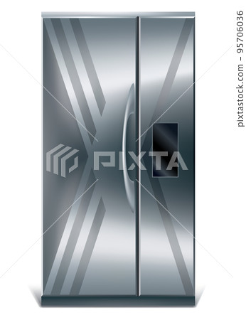 Gray vertical fridge for preserve food. Silver refrigerator with two doors. Modern cooler for home, products storage Gray vertical fridge for preserve food. Silver refrigerator with two doors. Modern cooler for home, products storage 95706036