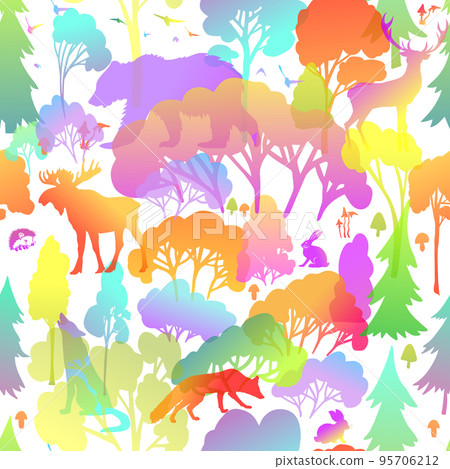 Seamless pattern with cute forest animals. Colored trees and beasts. Vector illustration Seamless pattern with cute forest animals. Colored trees and beasts. Vector illustration 95706212