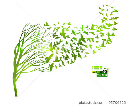 Tree silhouette with green birds flying. A flock of birds fly south in autumn. Vector illustration Tree silhouette with green birds flying. A flock of birds fly south in autumn. Vector illustration 95706223