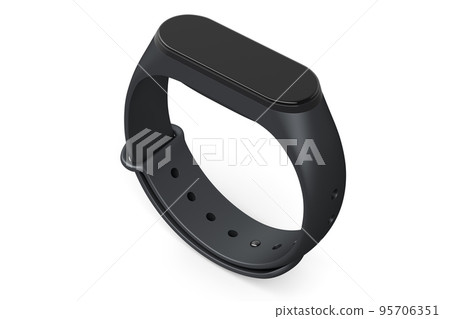 Black fitness tracker or smart watch with heart rate monitor isolated on white background. 3d render of sport equipment for active training and wearable device. 95706351
