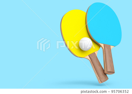 Pair ping pong rackets for table tennis with ball isolated on blue background. 3d render of sports equipment for active training 95706352