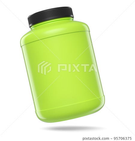 Green plastic jar for sport nutrition whey protein and gainer powder isolated on white background. 3d rendering of sport supplement for crossfit, trx and powerlifting workout 95706375
