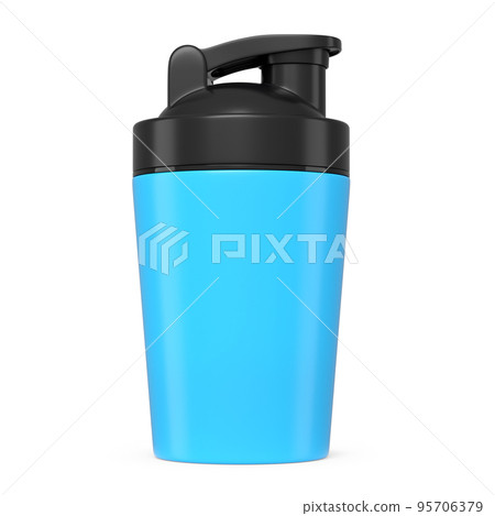 Blue plastic sport shaker for protein drink isolated on white background. 3D render of sport food cocktail container Blue plastic sport shaker for protein drink isolated on white background. 3D render of sport food cocktail container 95706379