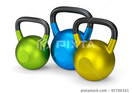 Set of gym kettlebells for workout isolated on white background. 3d rendering of sport equipment for fitness and powerlifting Set of gym kettlebells for workout isolated on white background. 3d rendering of sport equipment for fitness and powerlifting 95706381