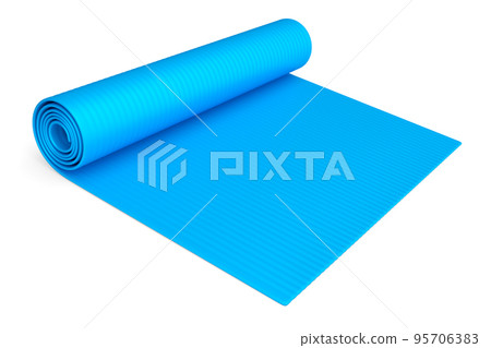 Blue yoga mat or lightweight foam camping bed roll pad isolated on white background. 3d rendering of sport equipment for fitness, yoga and active workout 95706383