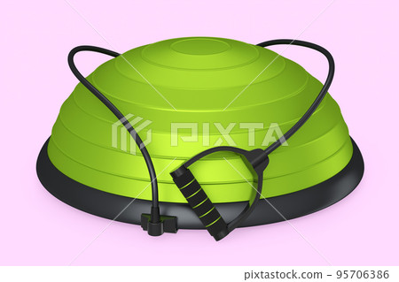 Green fitness ball with hand expander isolated pink background. 3d rendering of sport equipment for fitness, yoga and active workout Green fitness ball with hand expander isolated pink background. 3d rendering of sport equipment for fitness, yoga and active workout 95706386