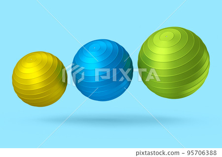 Multicolor fitball or fitness ball isolated blue background. 3d rendering of sport equipment for fitness, yoga and active workout Multicolor fitball or fitness ball isolated blue background. 3d rendering of sport equipment for fitness, yoga and active workout 95706388