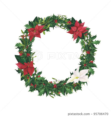Wreath Poinsettia, Mistletoe, holly Christmas isolated on white. Watercolor hand drawn frame. Illustration for design Wreath Poinsettia, Mistletoe, holly Christmas isolated on white. Watercolor hand drawn frame. Illustration for design 95706470