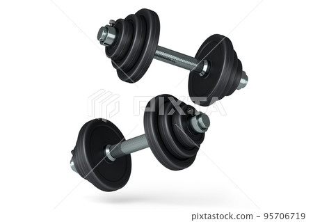 Pair of dumbbells with black disks isolated on white background Pair of dumbbells with black disks isolated on white background 95706719