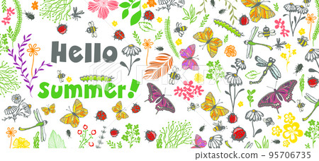 Mug design with flowers and insects. Hello summer. Vector illustration 95706735