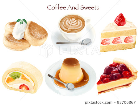 Coffee and cake coffee shop set White back illustration-Hand-drawn material 95706867