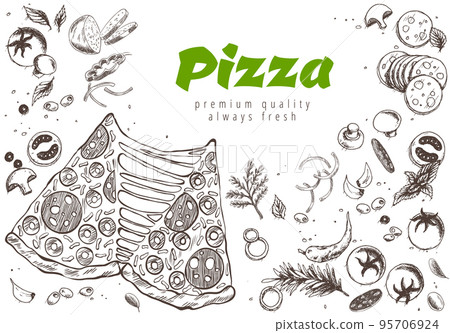 Pizza line banner. Engraved style doodle background. Savoury pizza ads. Tasty vector banner for cafe, restaurant or food delivery service 95706924
