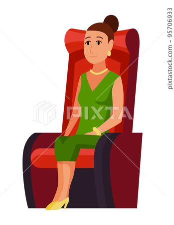 Cinema. Woman sitting in chair at movie theater auditorium. Female watching film or motion picture. Viewer or moviegoer. Flat cartoon vector illustration 95706933