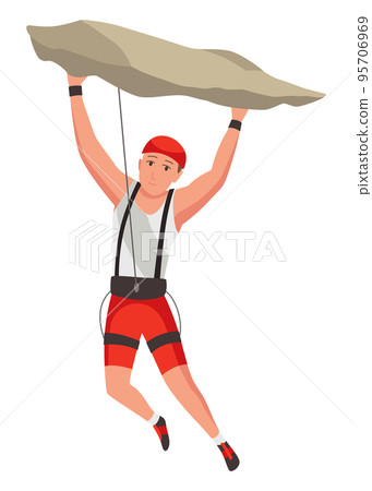 Mountain climbing person. Climber men on rock mountain with equipment. Extreme outdoor sports. Man overhang from rock 95706969