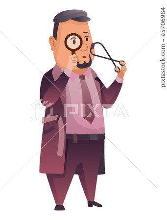 Male private detective or inspector investigate crime and look for evidence. Detective character with magnifying glass cartoon flat style. Investigator in coat solving crime Male private detective or inspector investigate crime and look for evidence. Detective character with magnifying glass cartoon flat style. Investigator in coat solving crime 95706984