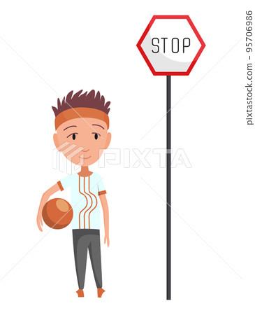 Kid learning road sign. Traffic road education. School kid learning rules of road set. Children learn, educational scene, safety pedestrian movement 95706986