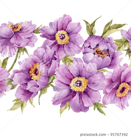 seamless pattern of pink peonies flowers, watercolor close-up illustration.	 95707392
