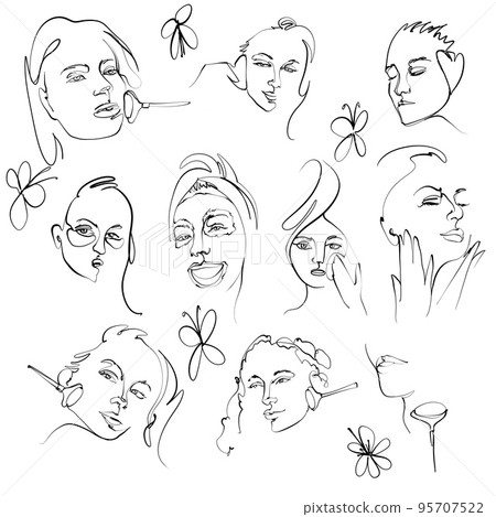 Skin care treatments. Beautiful young ladies. Various spa treatments. The concept of facial care. Cleansing, moisturizing, treatment. Hand-drawn set of illustrations. Beauty Illustration. All elements Skin care treatments. Beautiful young ladies. Various spa treatments. The concept of facial care. Cleansing, moisturizing, treatment. Hand-drawn set of illustrations. Beauty Illustration. All elements 95707522