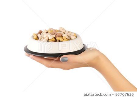 Womans hand holding dry dog food in bowl isolated on white Womans hand holding dry dog food in bowl isolated on white 95707636
