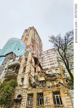 KYIV, UKRAINE - October 22, 2022: Civilian house after a drone attack on buildings in Kyiv. KYIV, UKRAINE - October 22, 2022: Civilian house after a drone attack on buildings in Kyiv. 95707892
