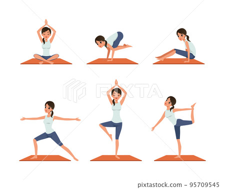 Young Woman Standing in Yoga Pose and Asana on Mat Practicing and Stretching Vector Set Young Woman Standing in Yoga Pose and Asana on Mat Practicing and Stretching Vector Set 95709545