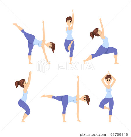 Young Woman Standing in Yoga Pose and Asana Practicing and Stretching Vector Set Young Woman Standing in Yoga Pose and Asana Practicing and Stretching Vector Set 95709546